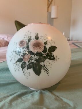 White Floral Glass Globe light fixture (without hardware) with Pink Rose Motif